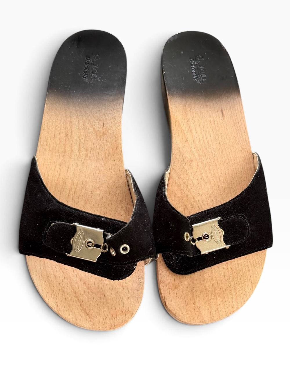 Dr. Scholl’s Original Pescura Sandals Black Suede Beechwood Metal Buckle NWOT W9